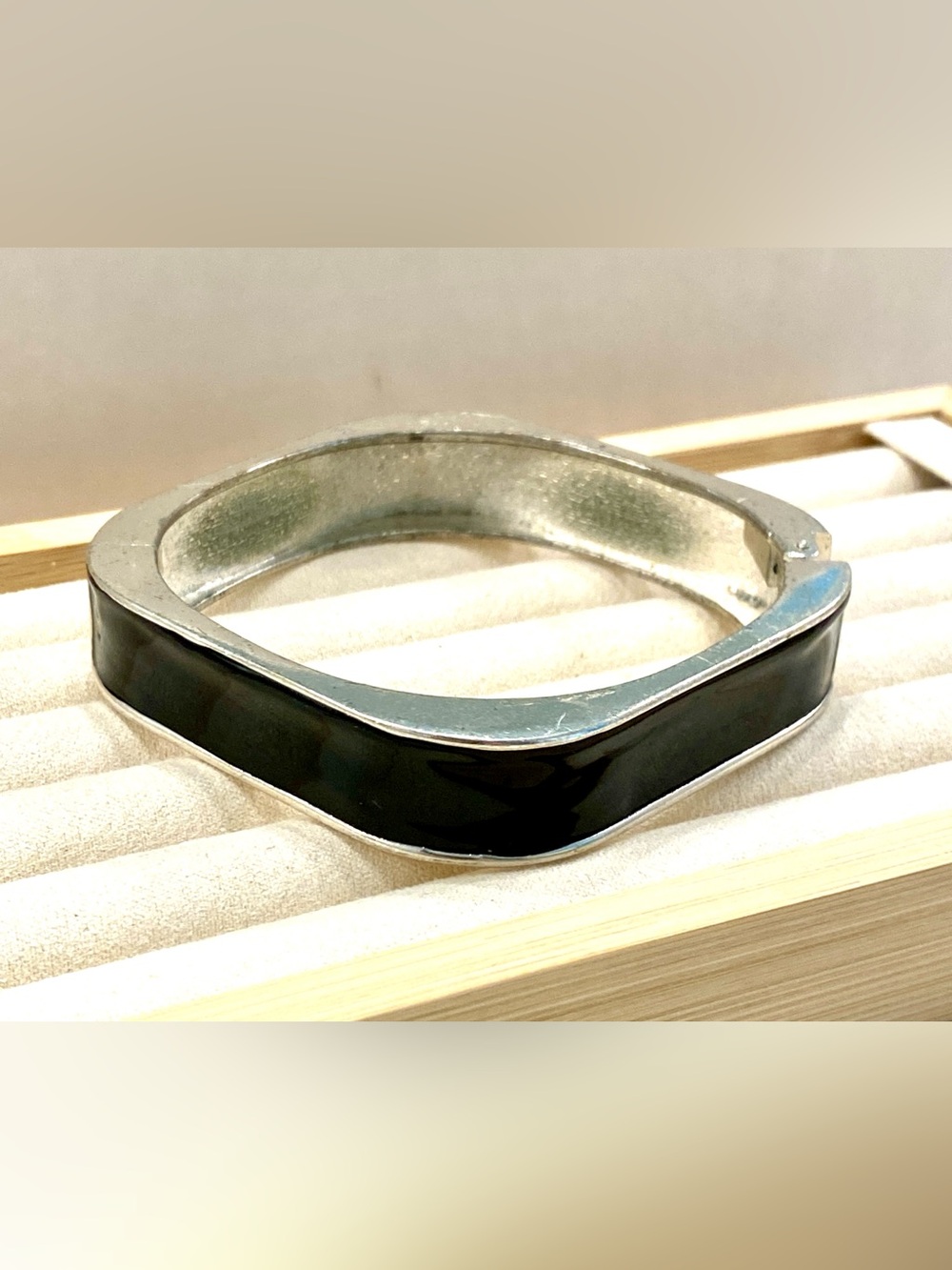 Vintage Silver Tone Square Black Enamel Hinged Bangle Bracelet Geometric Minimal